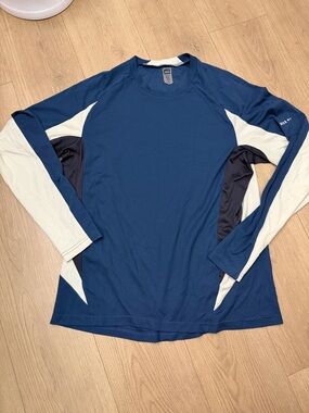 REI men’s size XL Blue Long Sleeve Athletic Shirt with White & Navy Panels